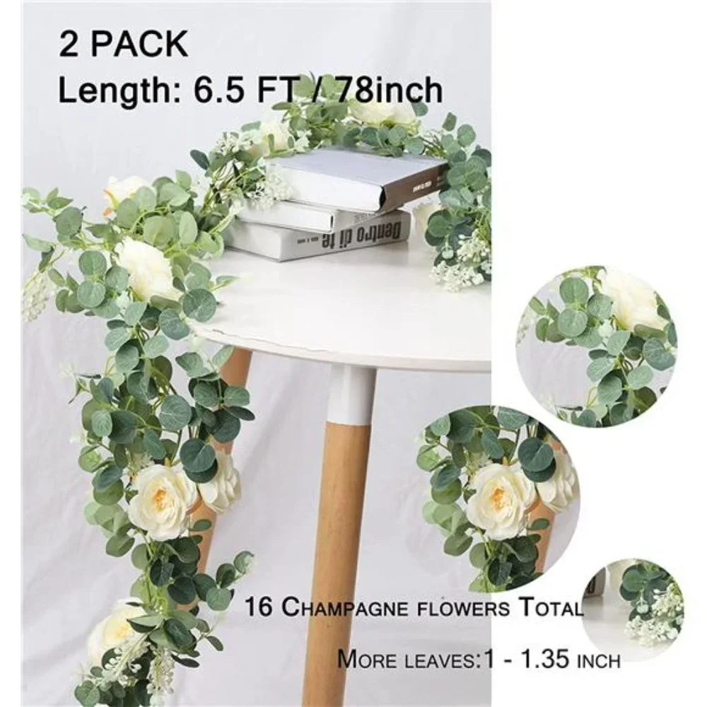 2 Pack 13Ft Artificial Eucalyptus Flower Garland with Fake Rose (Champagne)